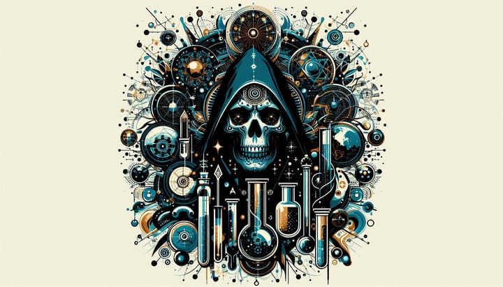 A skull of a wizard surrounded by various magic symbols and test tubes